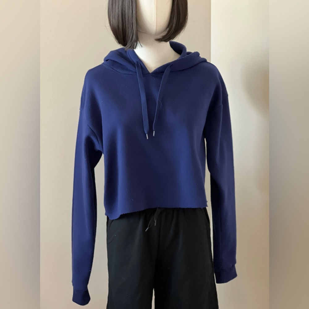 Dark blue, size small, cropped, hoodie, worn condition, smoke/pet free